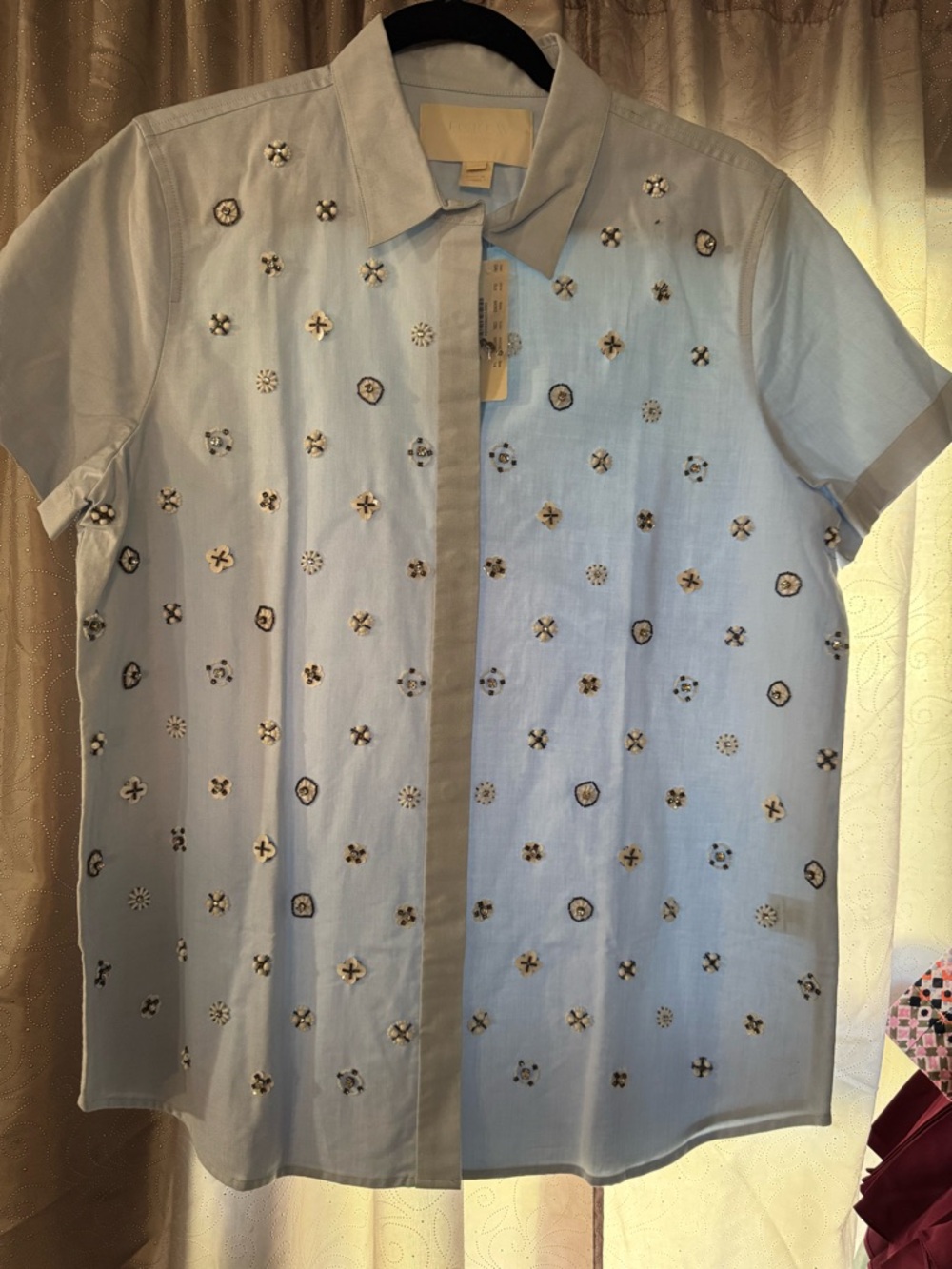 J. Crew Pale Blue Short Sleeve Embellished Button-Front Shirt